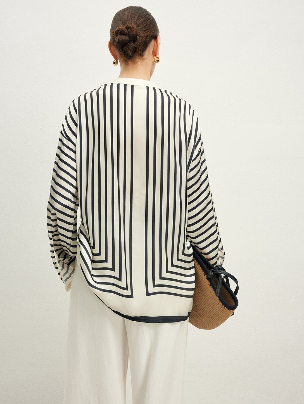 Oversized Satin Striped Button Down Blouse - Picture 5 of 9